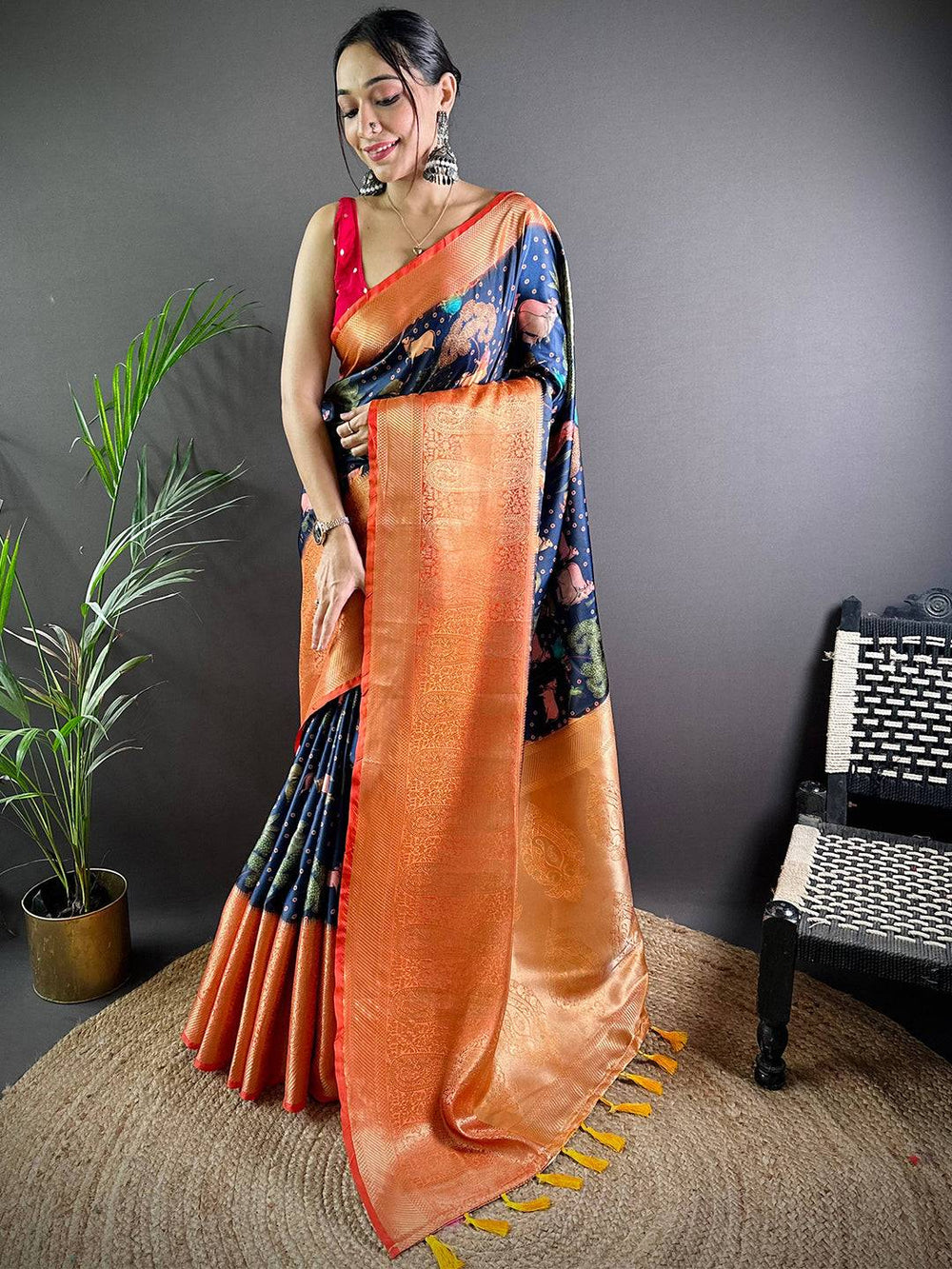 Navy Satin Pichwai Print Saree