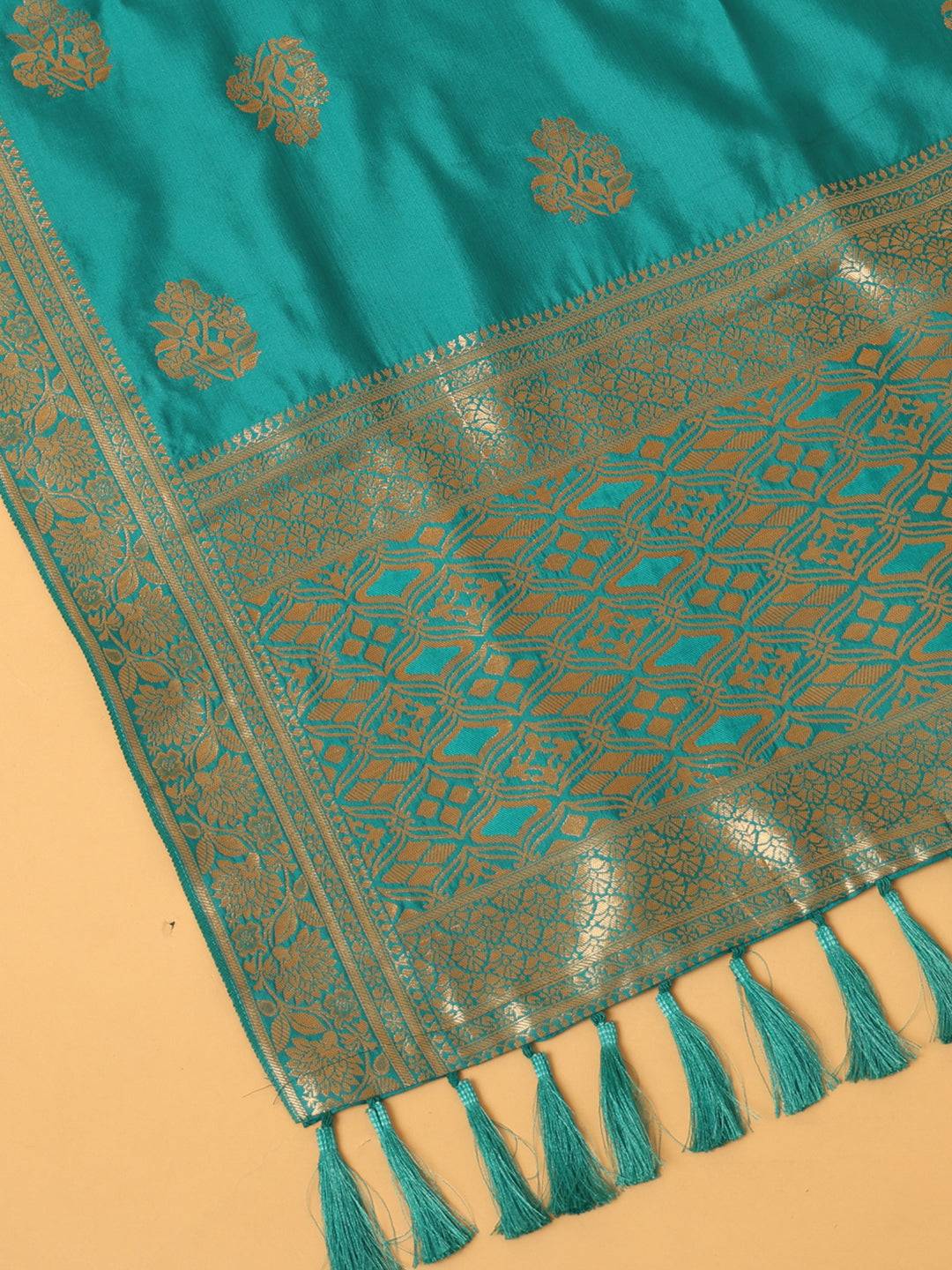 Close-up of Rama silk blend dupatta's woven design and tassels