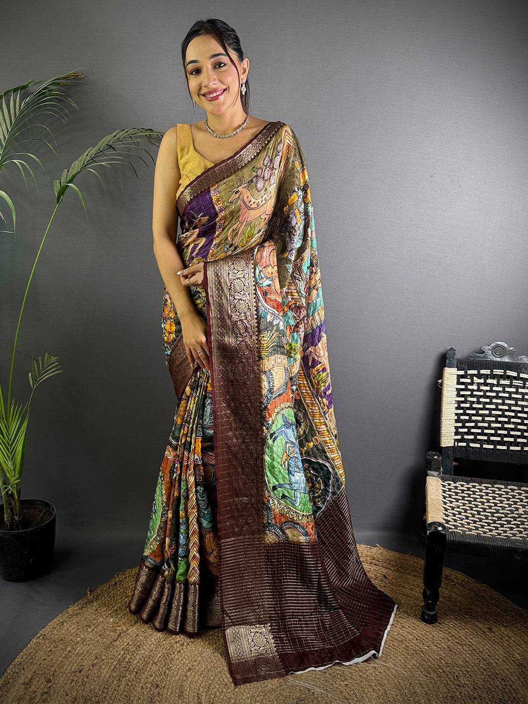 Multi Pure Viscose Kalalmkari Printed Saree