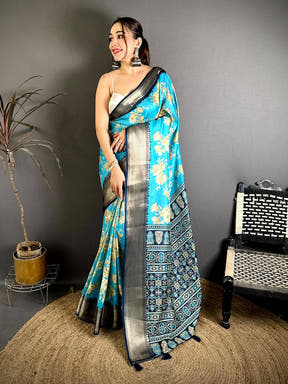 Aqua Dola Big Floral Zari Kanchi Saree