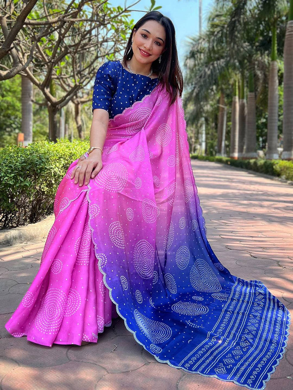 Georgette Silk Saree with Ombre Bandhej Print & Stone Work