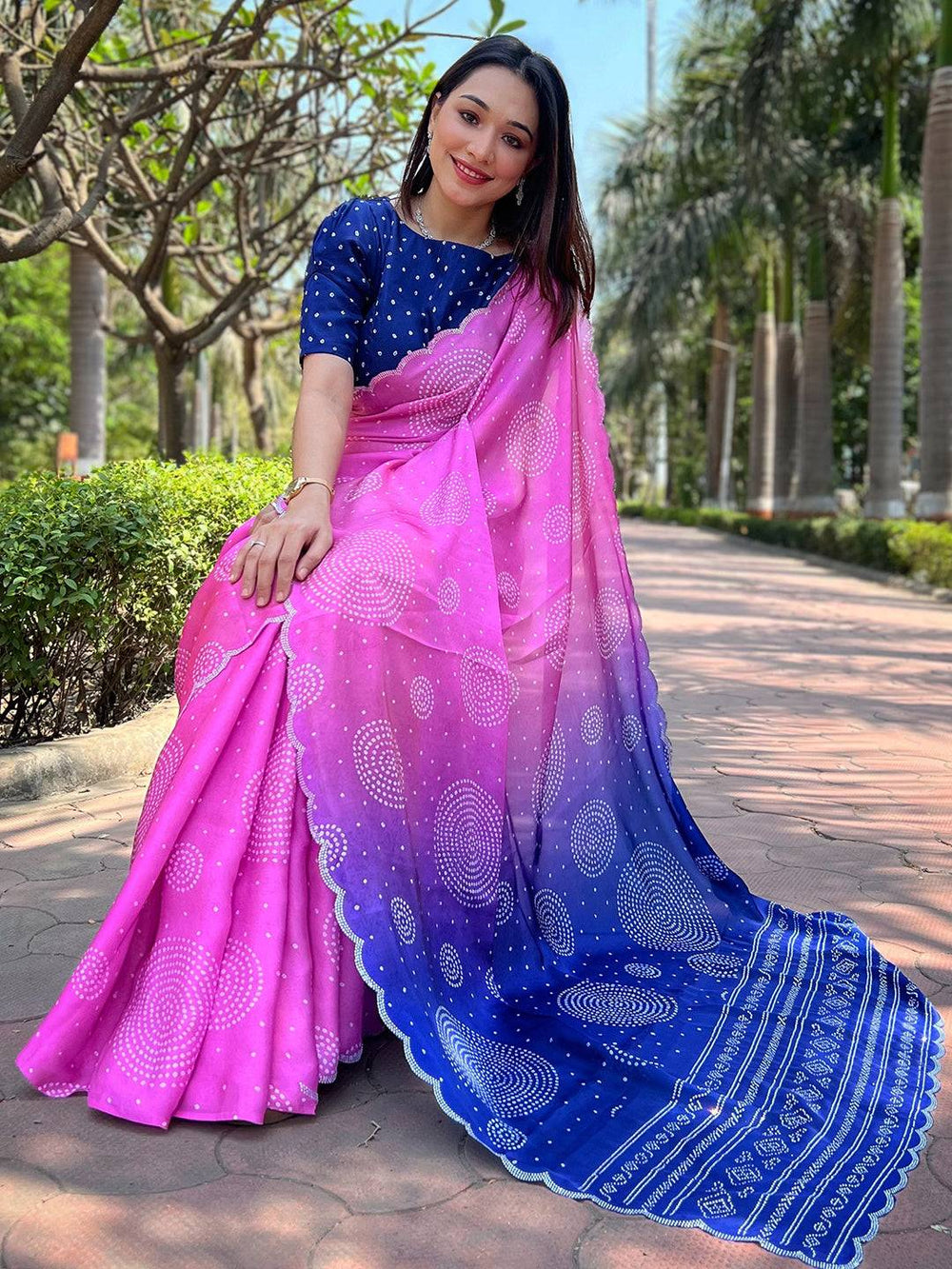 Georgette Silk Saree with Ombre Bandhej Print & Stone Work