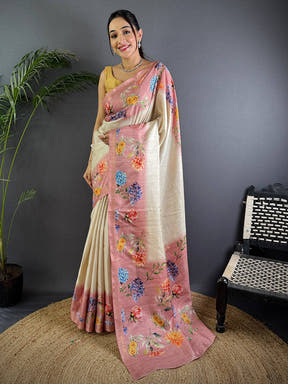 Off White Tussar Ghicha Silk Saree