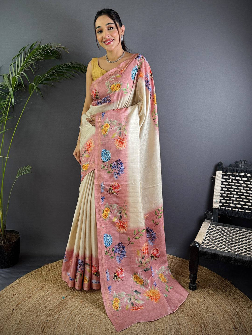 Off White Tussar Ghicha Silk Saree