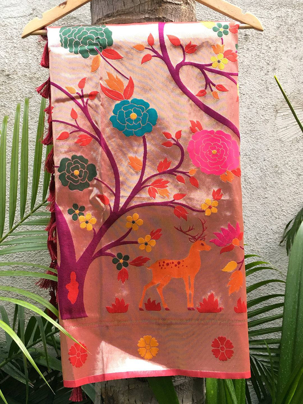 Hot Pink Meenakari Work Paithani Saree with floral design