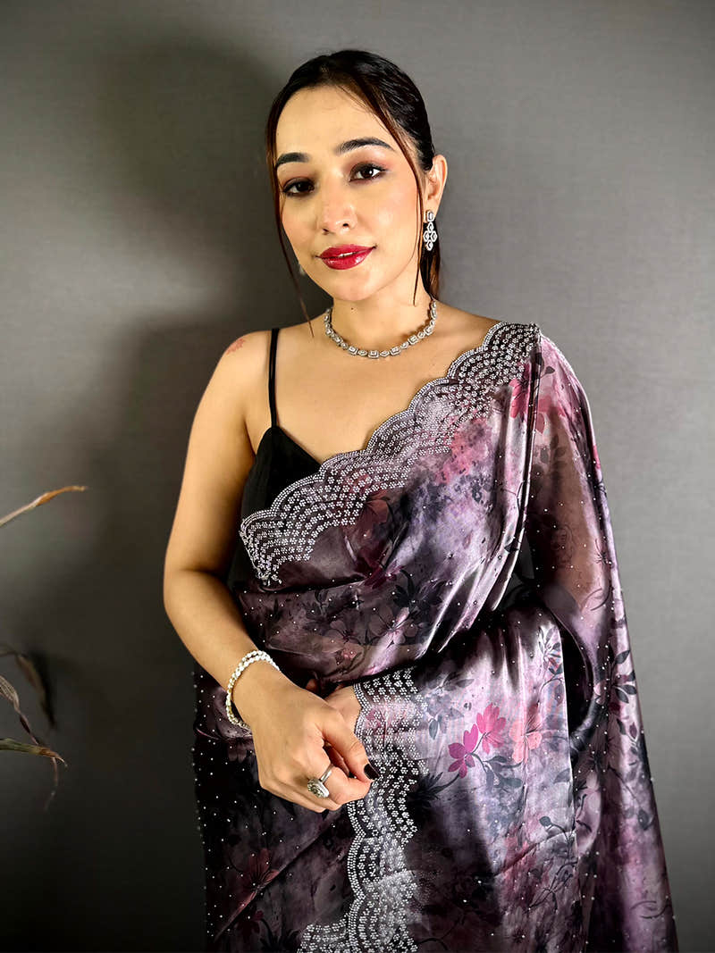 Imported Glass Satin Silk Diamond Work Saree