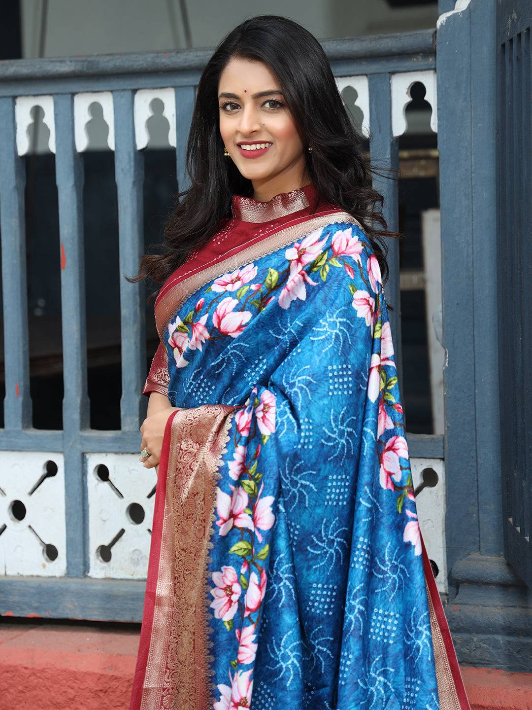 Royal Blue Pure Viscose Dola Silk Saree Floral Print Border