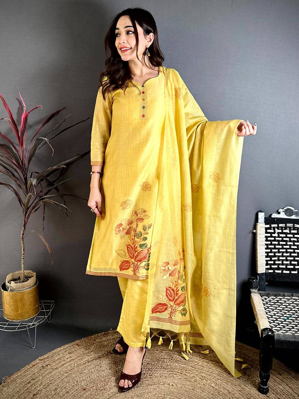 Mustard Floral Weave Dress