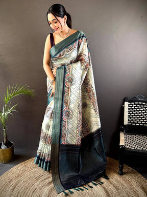 Off White Digital Kalamkari Printed Tussar Silk Saree