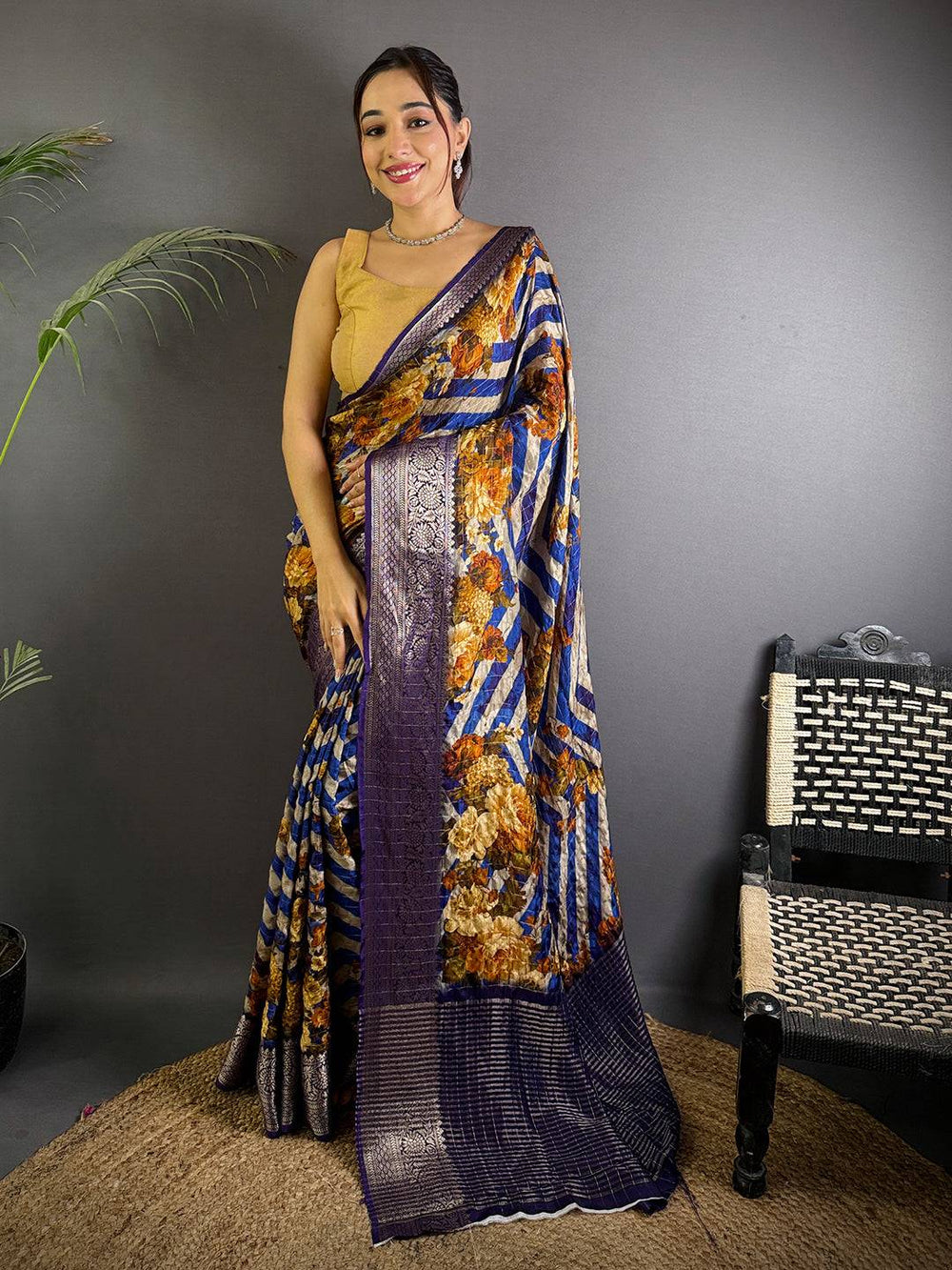 Royal Blue Floral Printed Viscose Saree