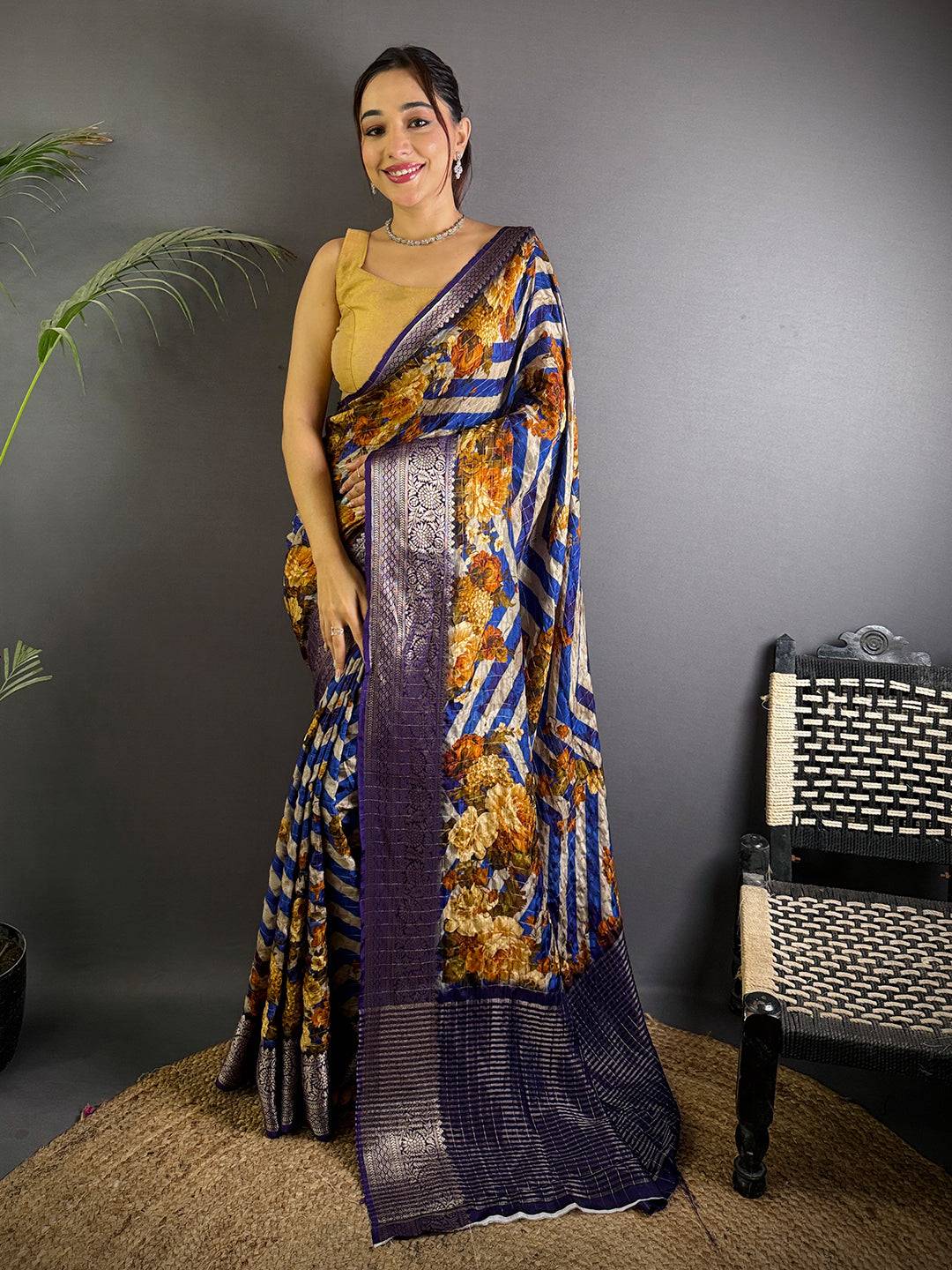 Royal Blue Floral Printed Viscose Saree
