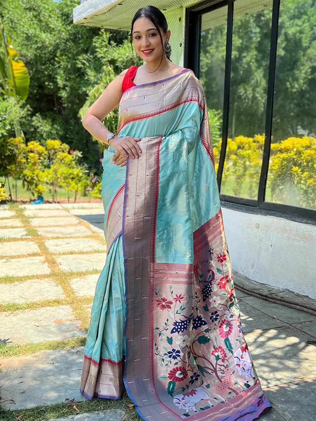 Elegant Sky Blue Paithani Silk Saree with Floral Pichwai Design
