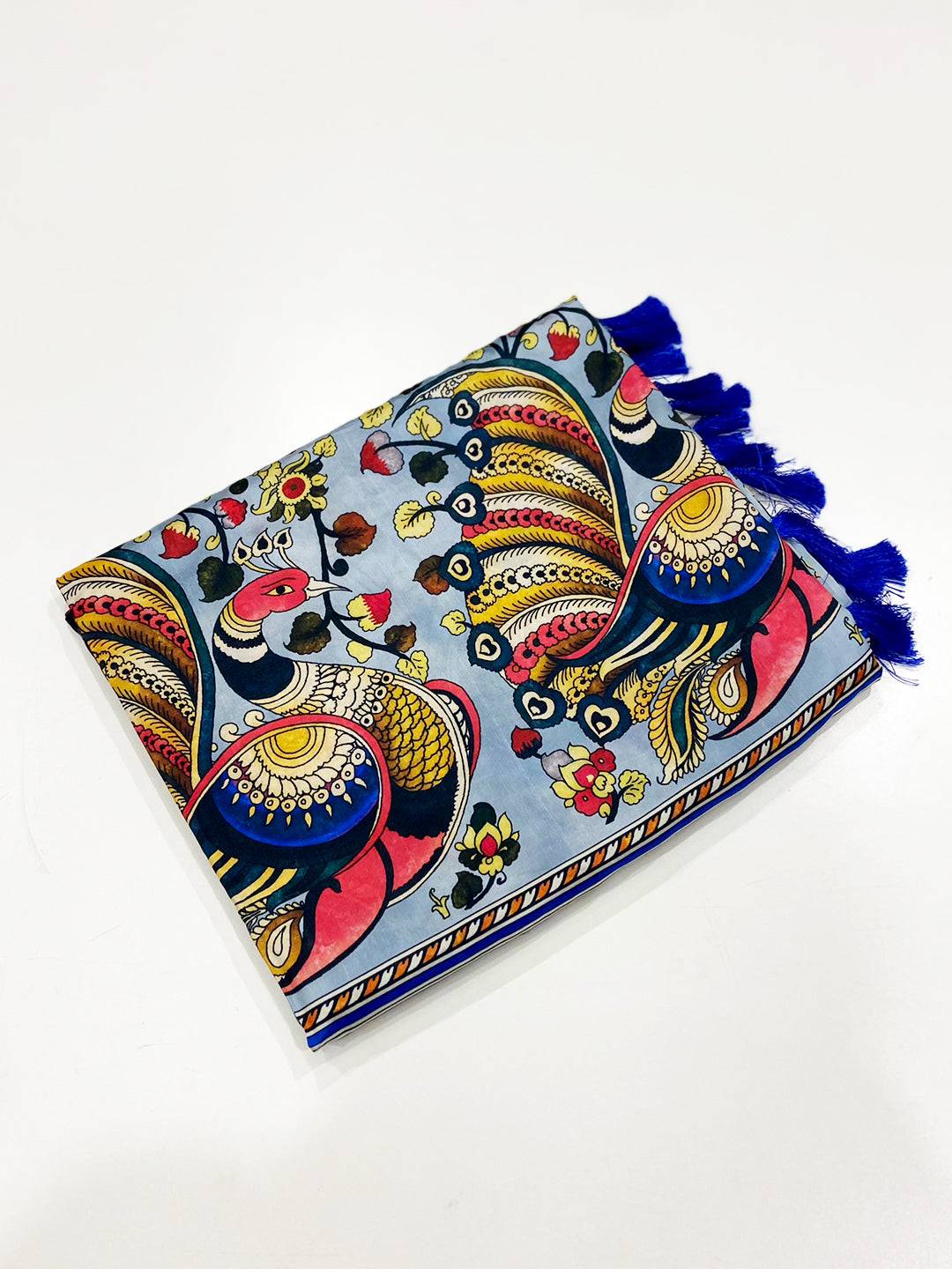 Blue Kalamkari Digital Print Pattu Saree