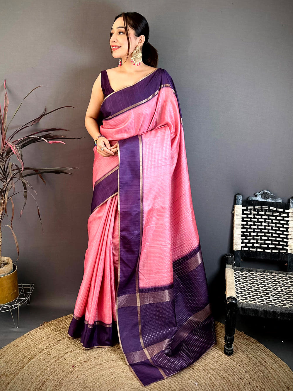 Rose Pink Tussar Gold Zari 1000 Butti Saree