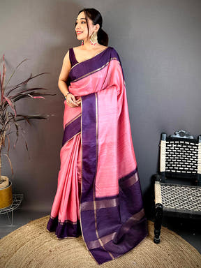 Rose Pink Tussar Gold Zari 1000 Butti Saree