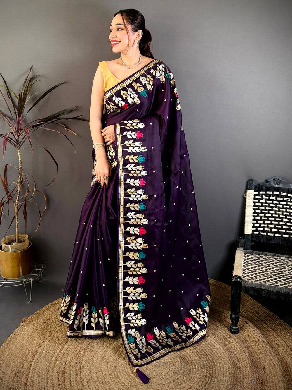 Purple Soft Satin Minakari Aari Work Saree