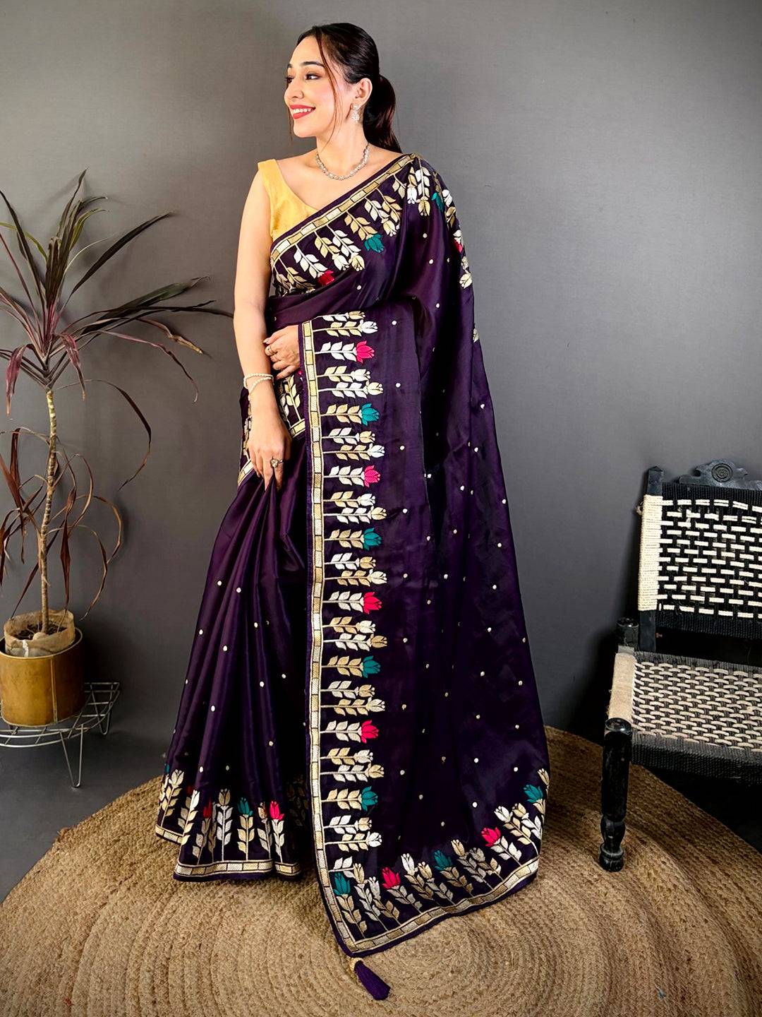 Purple Soft Satin Minakari Aari Work Saree