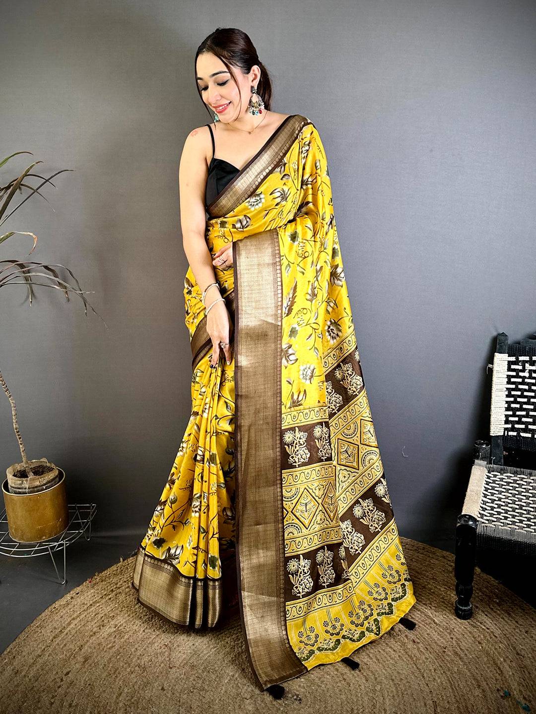 Mustard Soft Dola Silk Floral Kanchi Border Saree