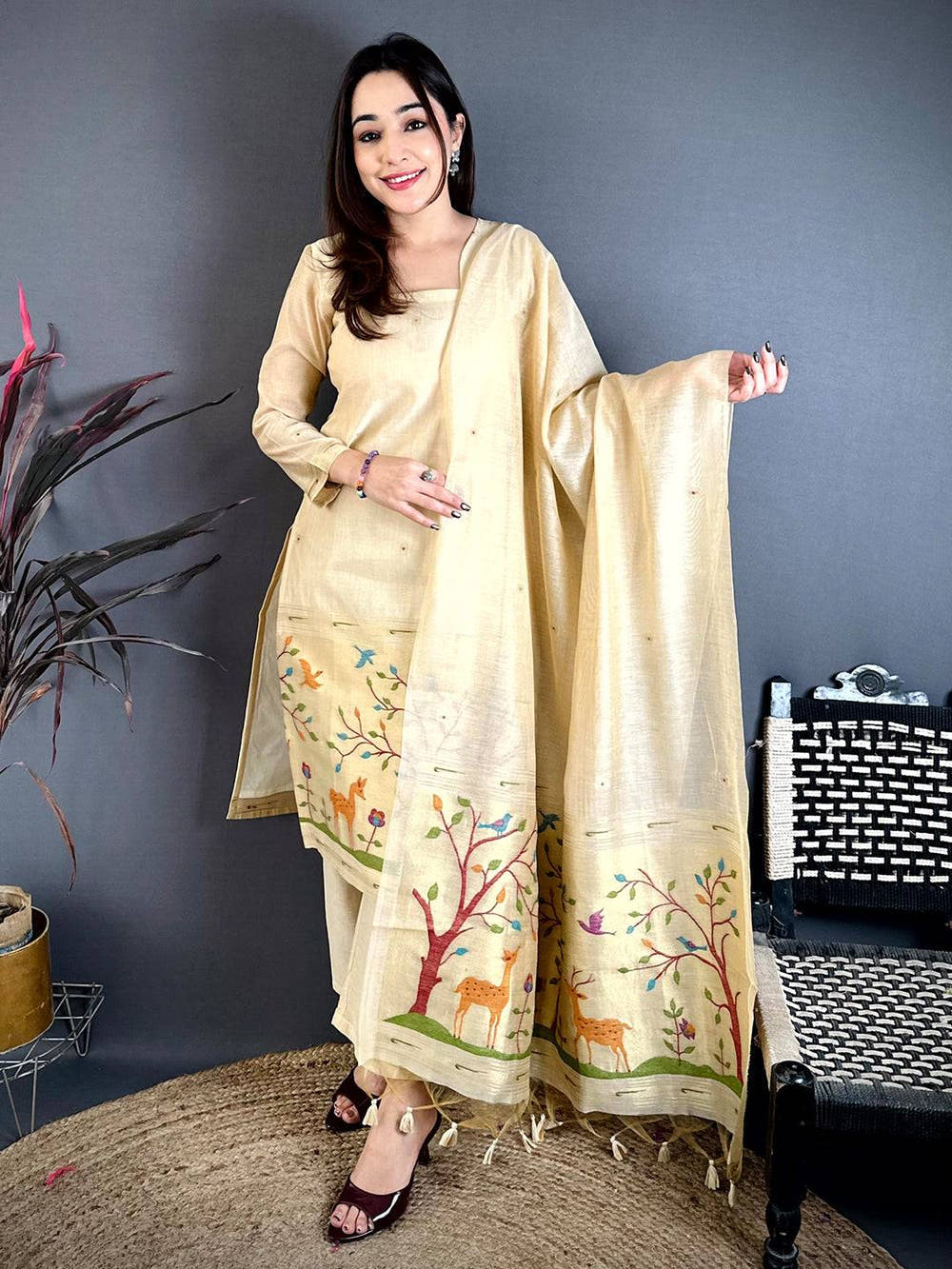 Classic Beige Floral Weave Dress