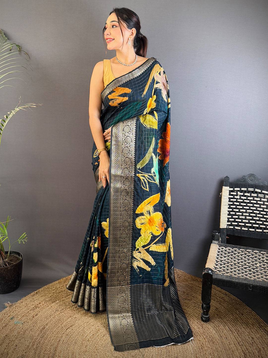 Bottle Green Floral Kalamkari Viscose Saree