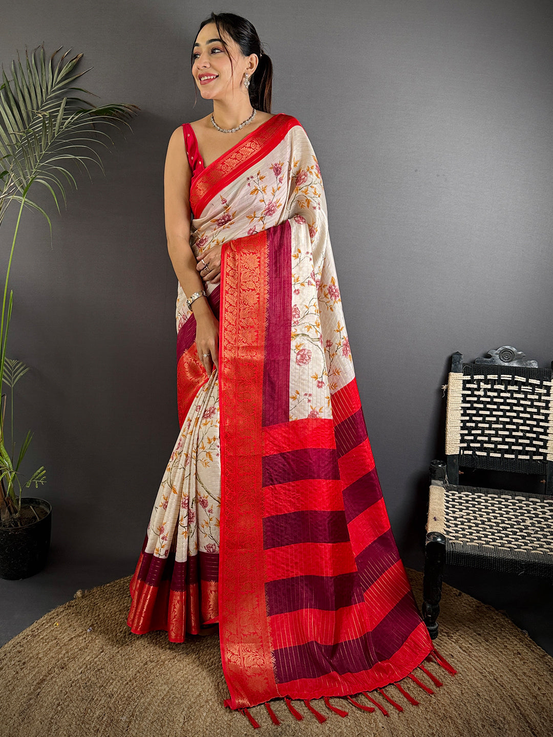 Red Soft Dola Silk Zari Katha Saree