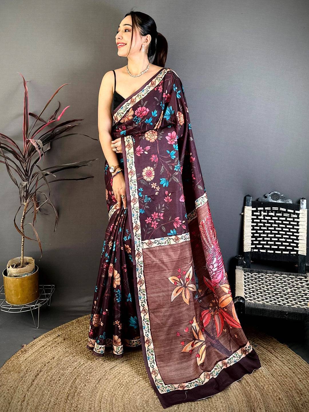 Coffee Brown Tussar Pen Kalamkari Print Saree