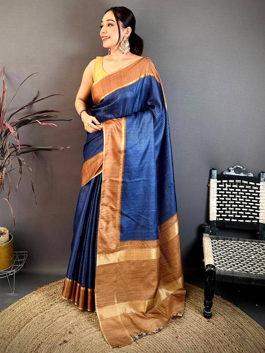 Ink Blue Tussar Gold Zari 1000 Butti Saree