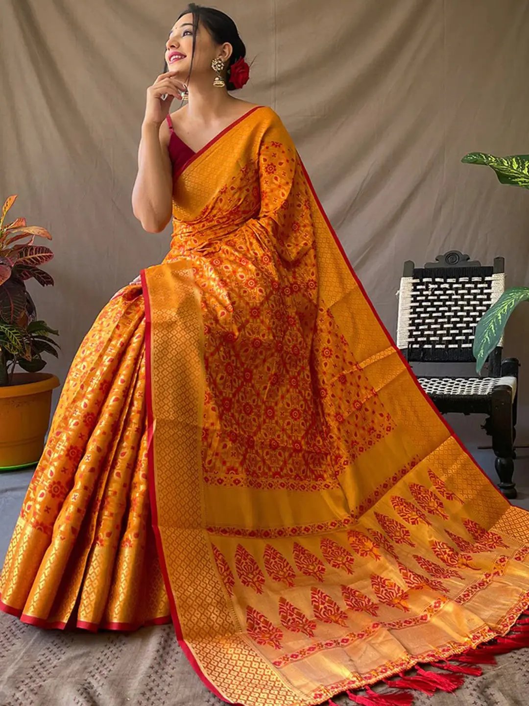 Traditional Mustard Yellow Patola Silk Saree with Zari