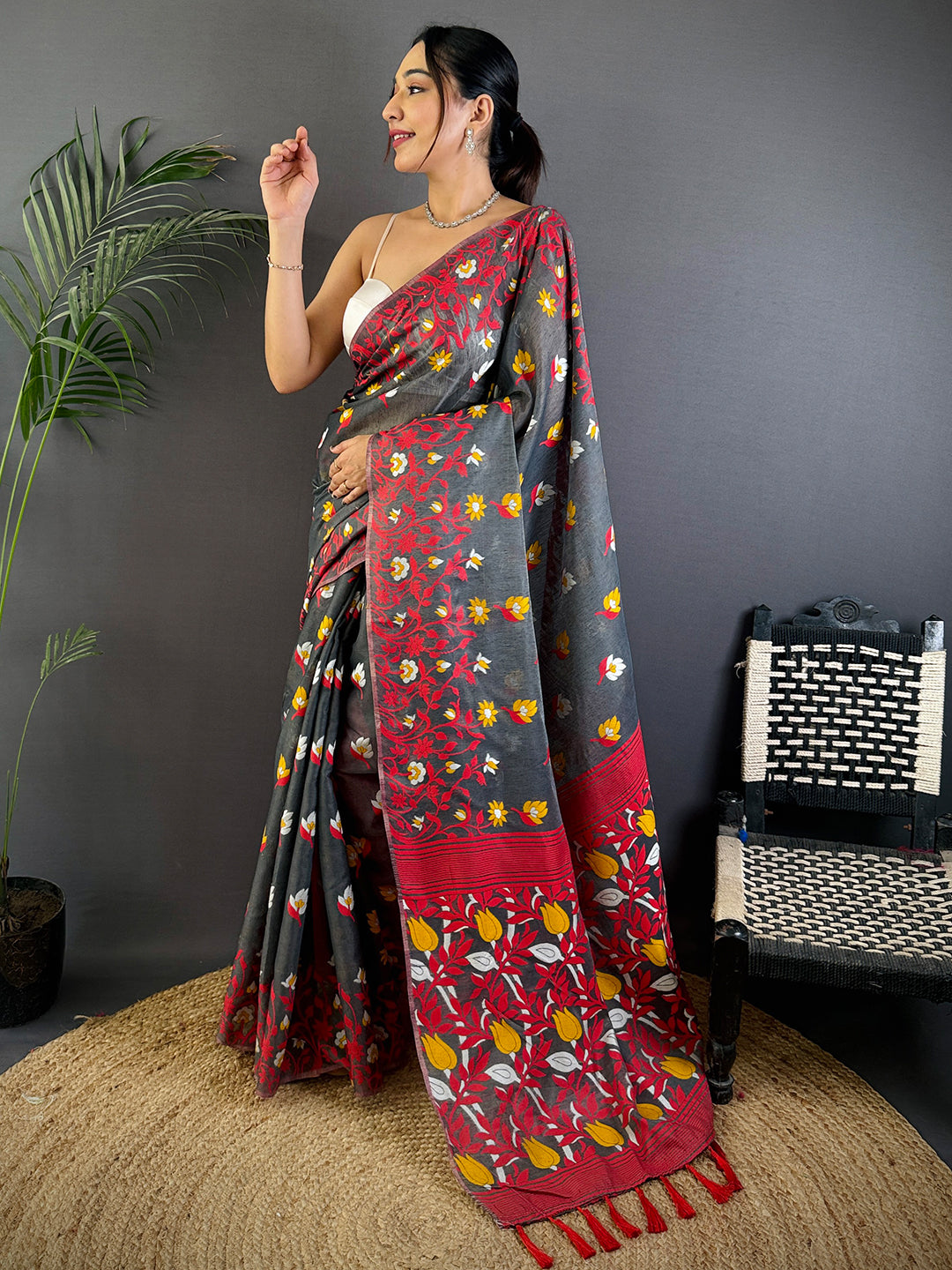 Royal Grey Dhakai Cotton Silk Saree
