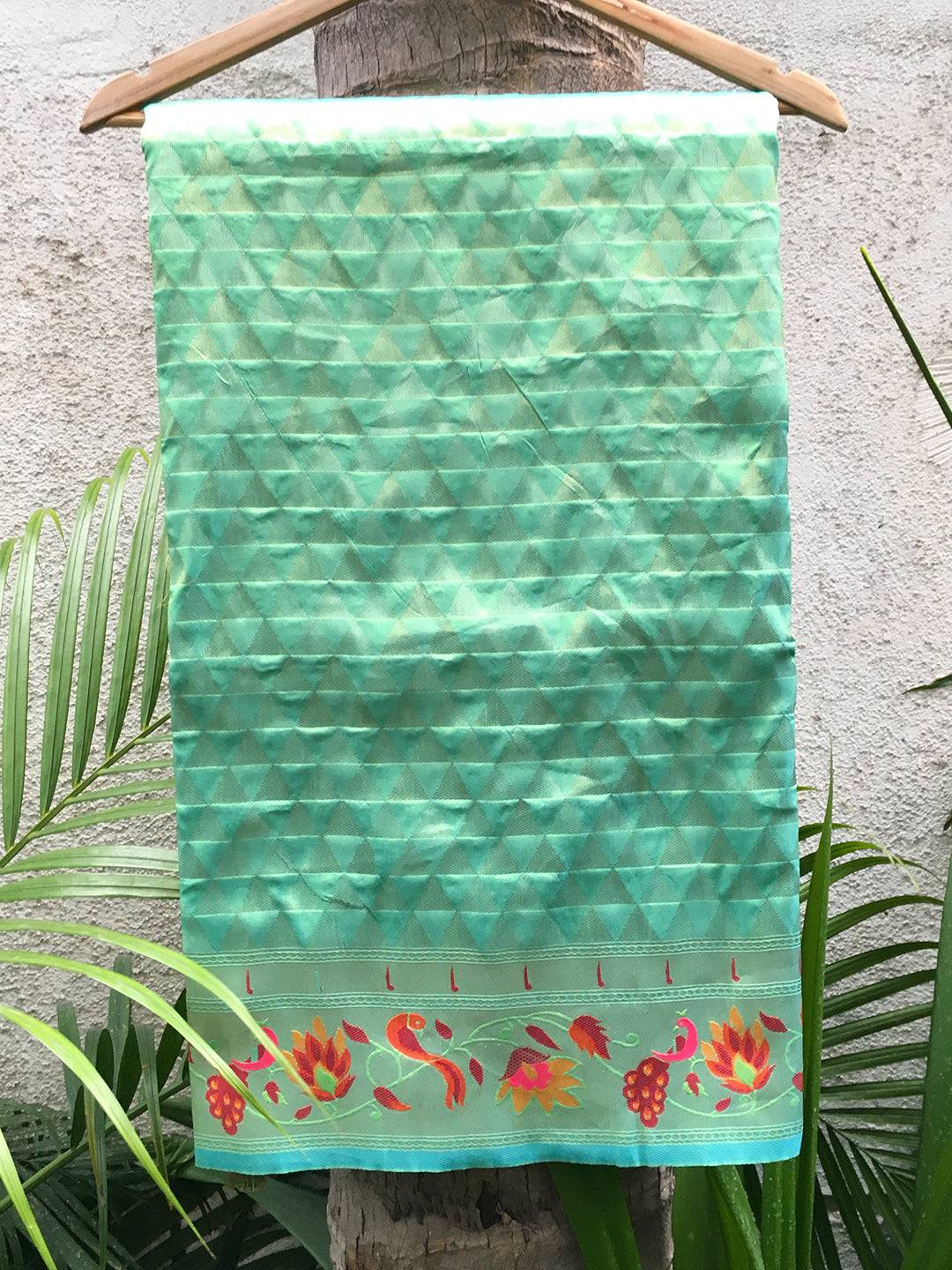 Olive silk blend Paithani saree with woven zari work