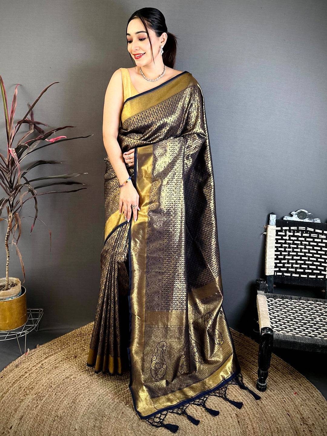 Radiant Black Kanjivaram Zari Silk Saree
