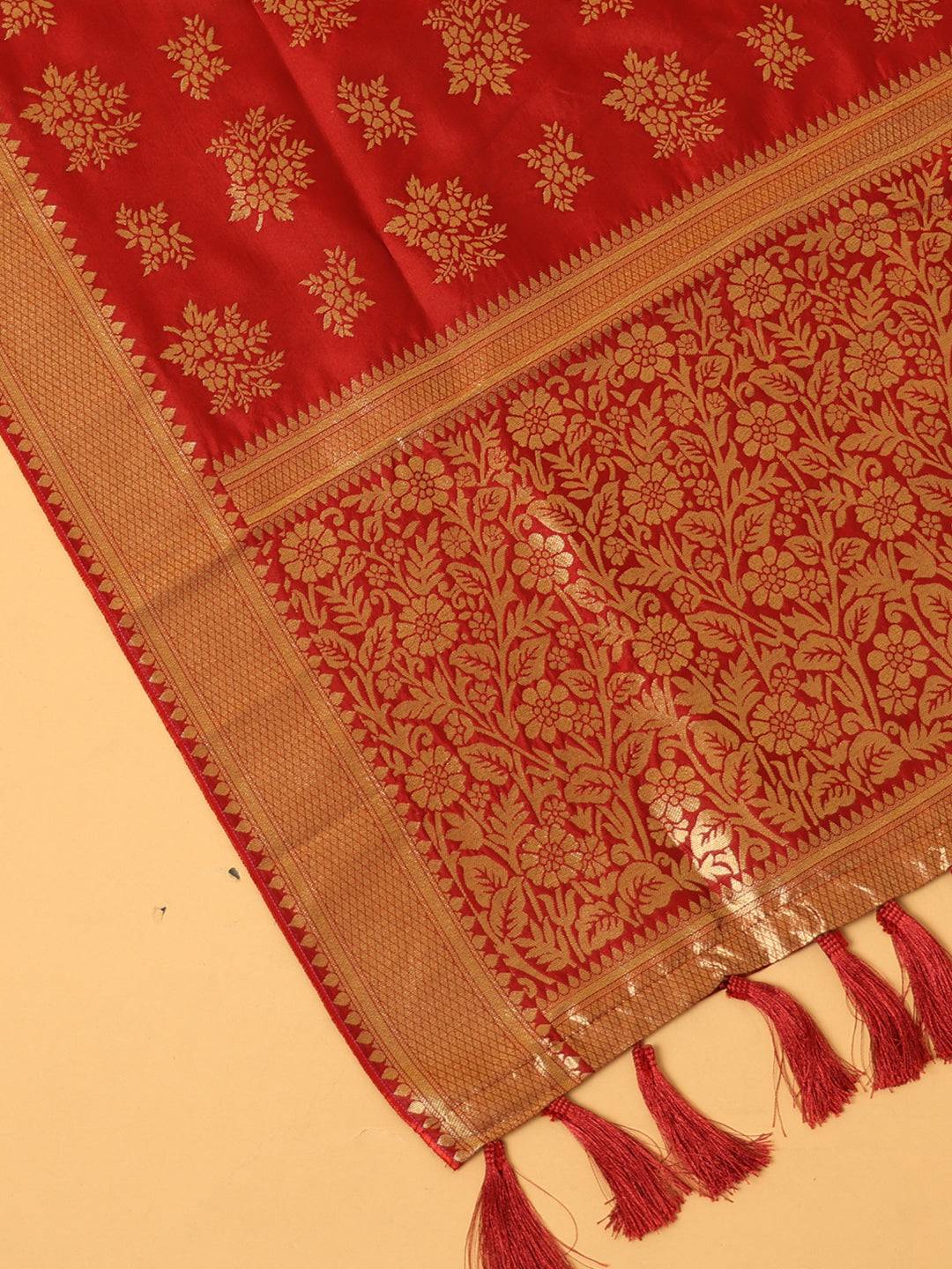 Close-up of woven design on red silk blend dupatta