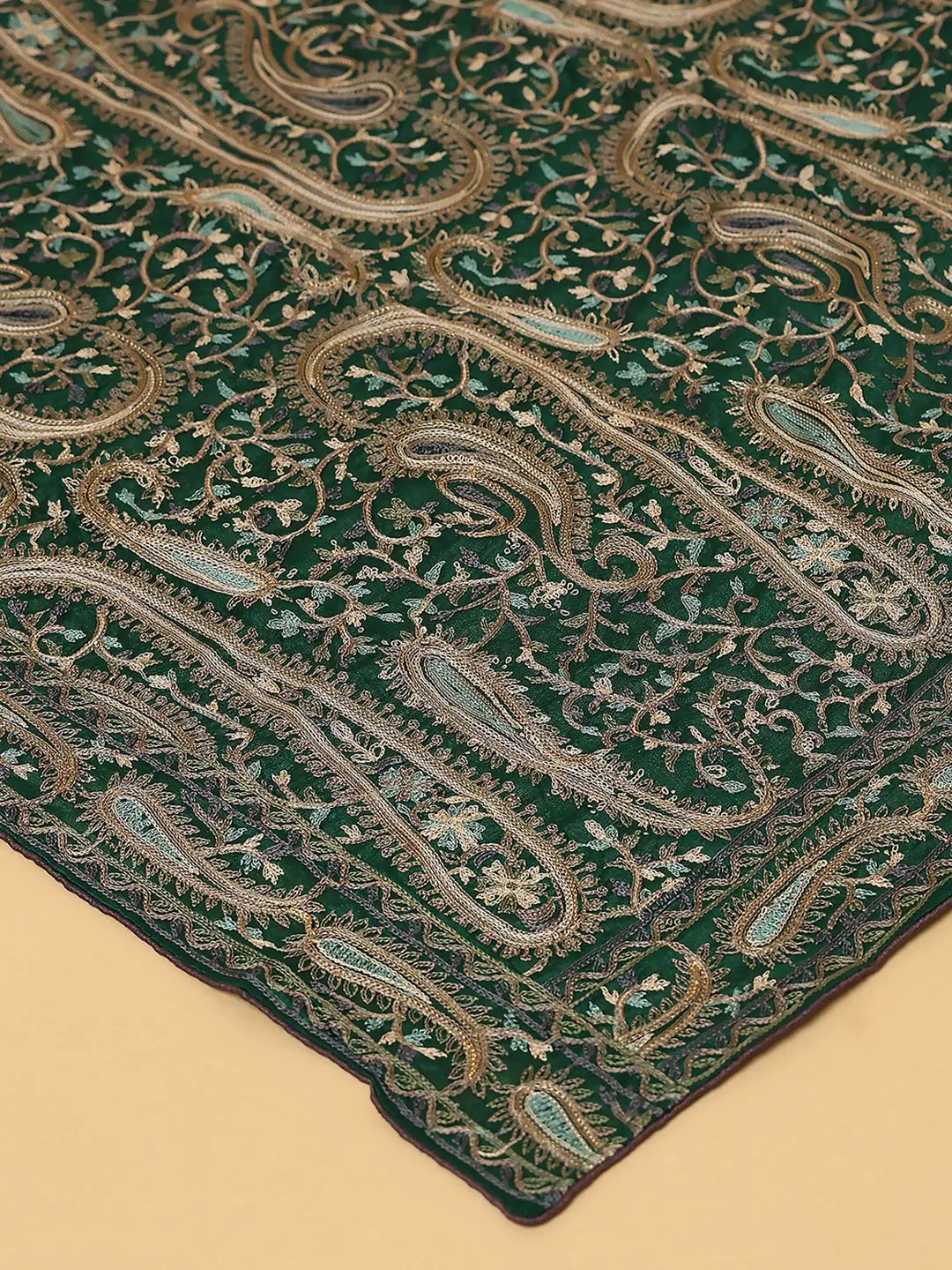 Close-up of Threadwork on Green Pashmina Dupatta