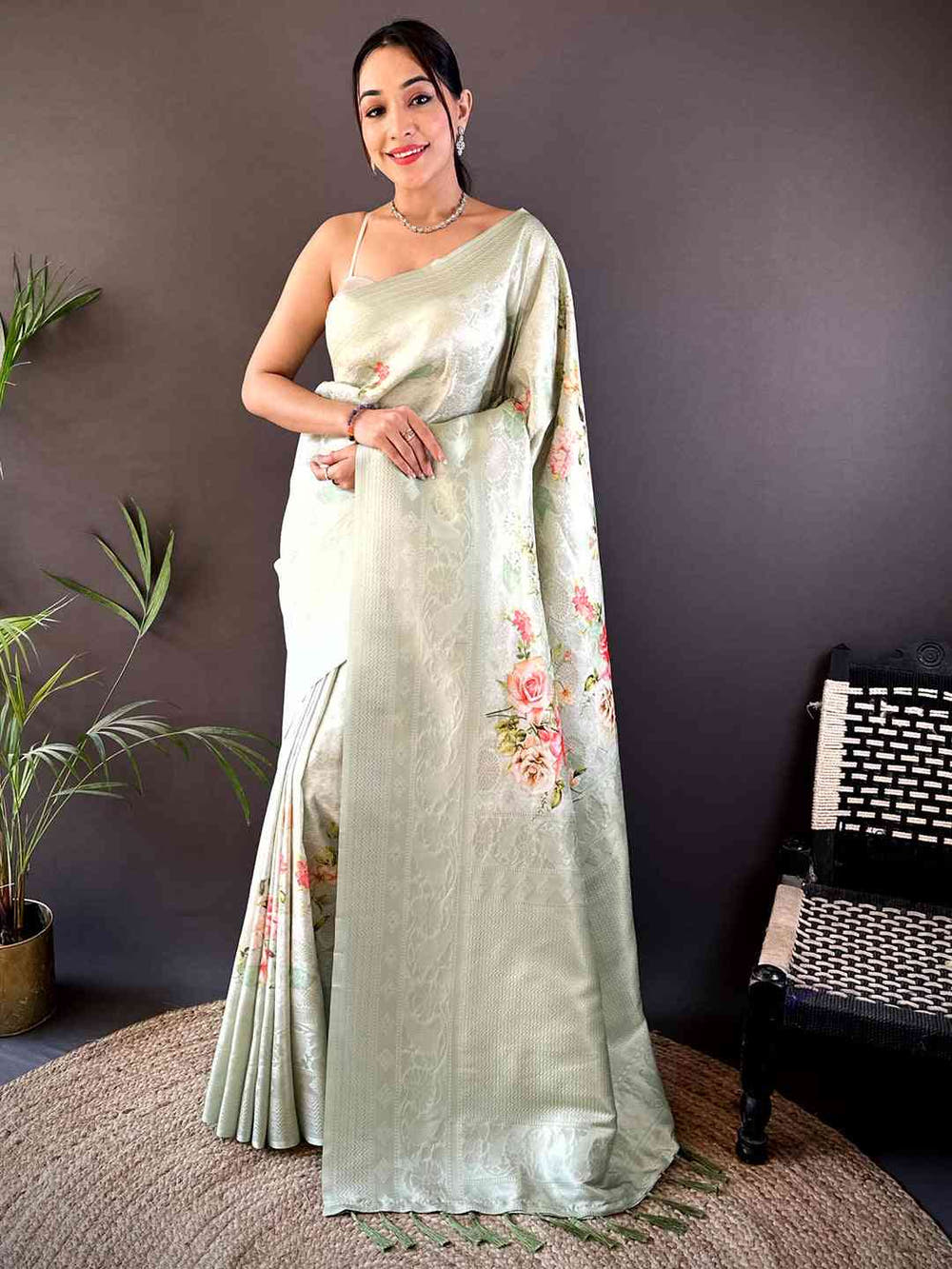 Light Green Kanjivaram Digital Silk Saree