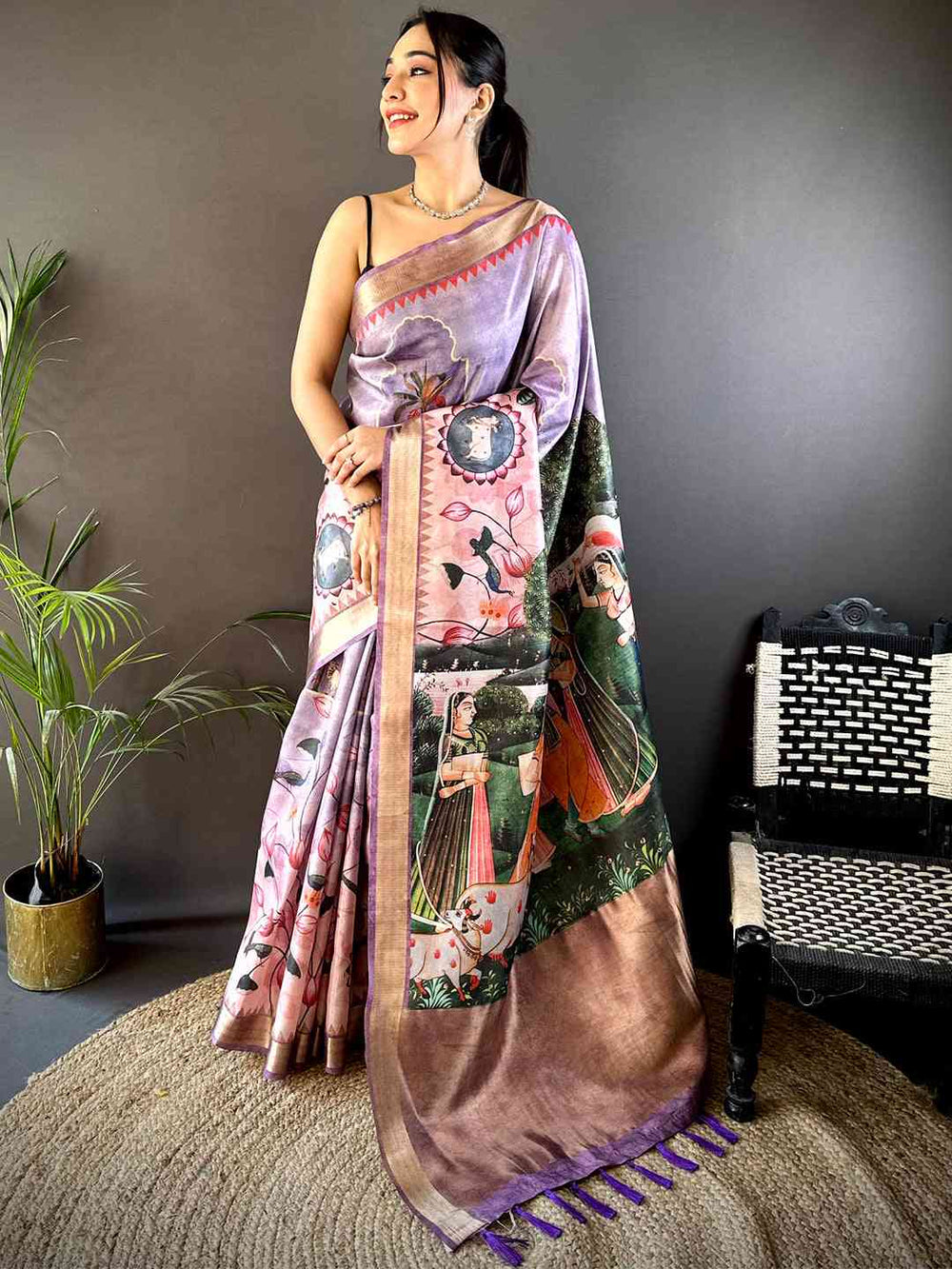 Lavender Soft Silk Tissue Pichwai Print Saree