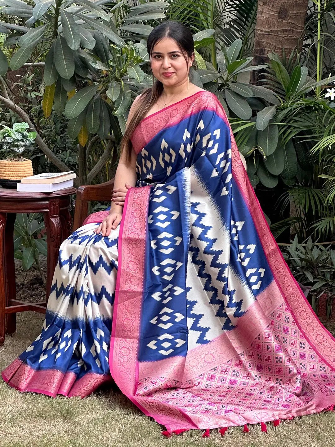 Banarasi soft silk saree with blue and pink Zari Patola pallu