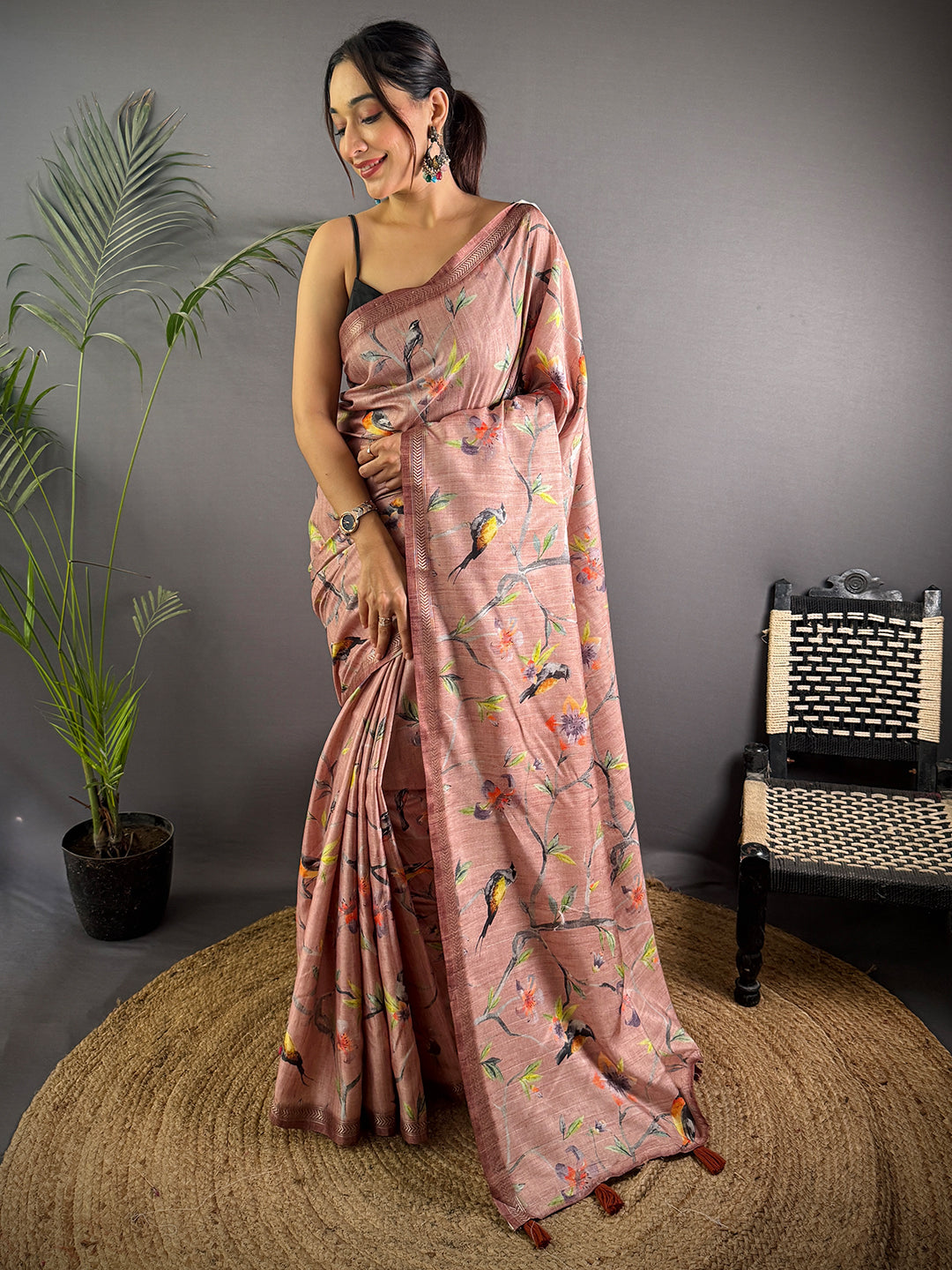 Artistic Floral Bird Print Tussar Silk Saree