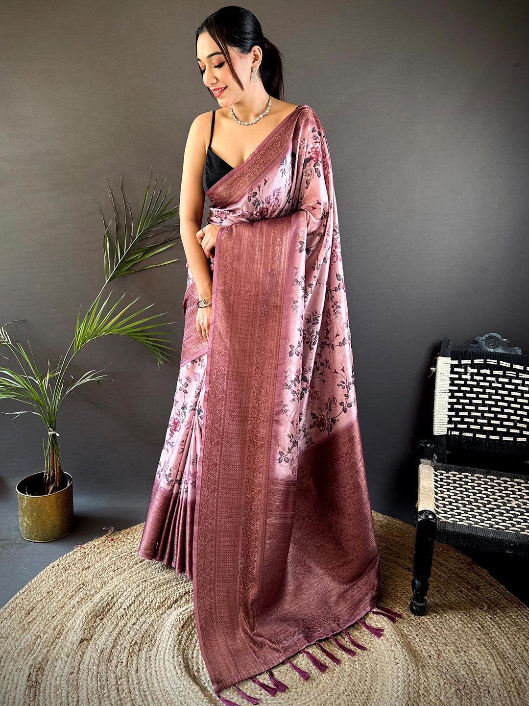 Graceful Black Aura Silk Floral Print Saree