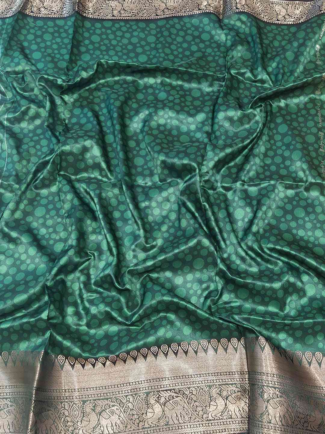 Green and Silver Zari Border of Pichwai Print Saree