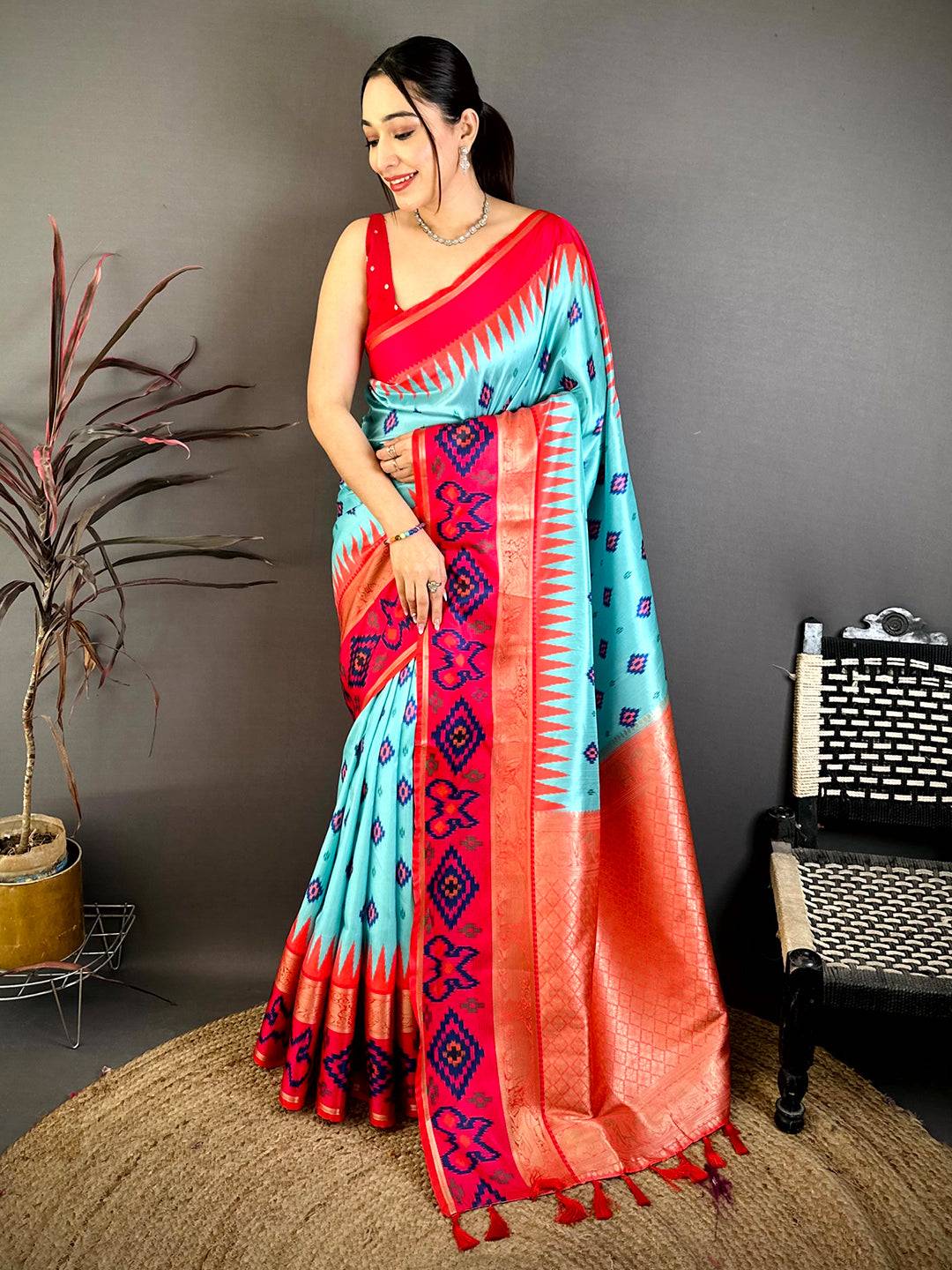 Turquoise Contrast Satin Ikat Zari Silk Saree