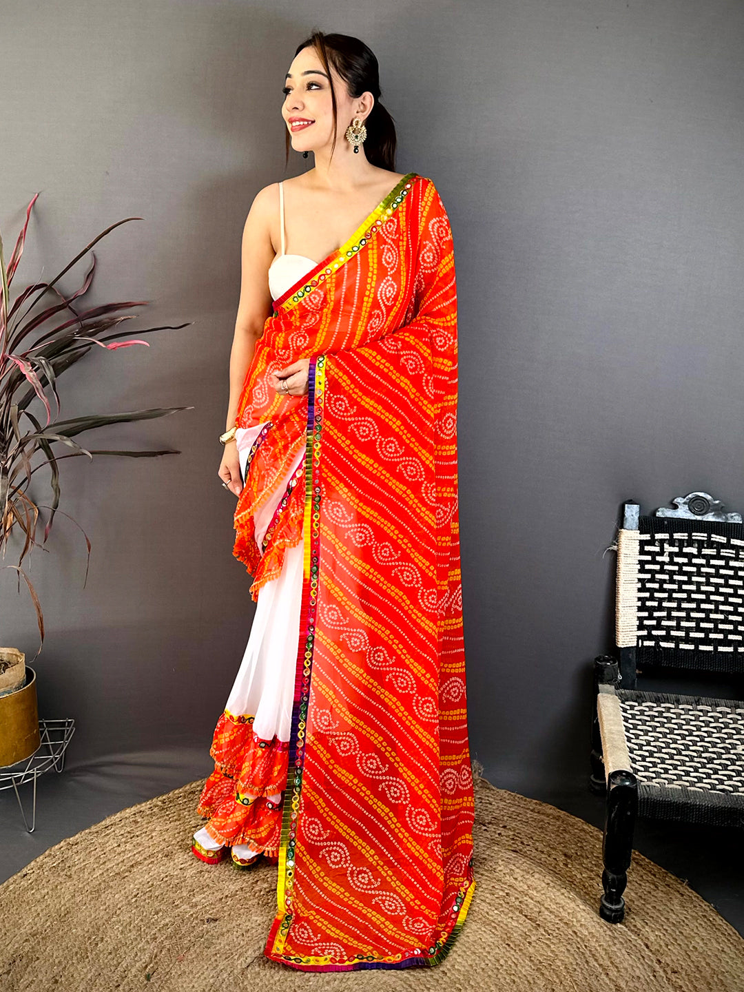 Stylish Bandhej Print Ruffle Georgette Saree