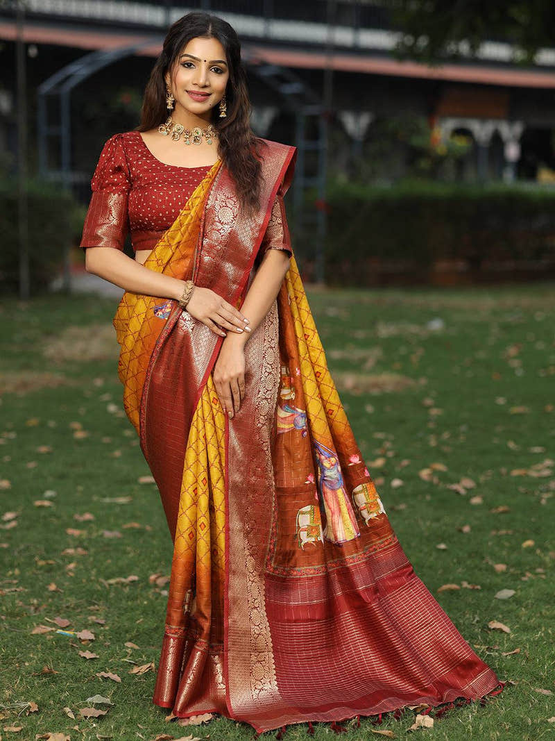 Mustard Colour Viscose Dola Silk Saree With Mughal Motifs - Luxe