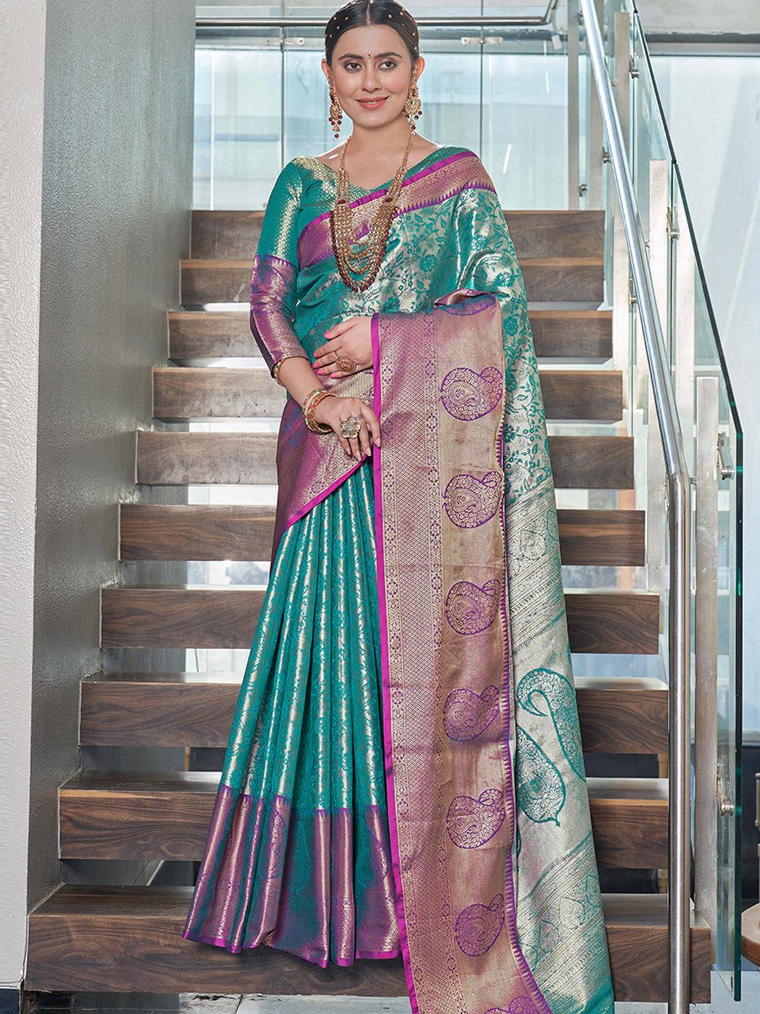 Kanchipuram Silk Jaal Rich Zari Woven Rama Colour Saree