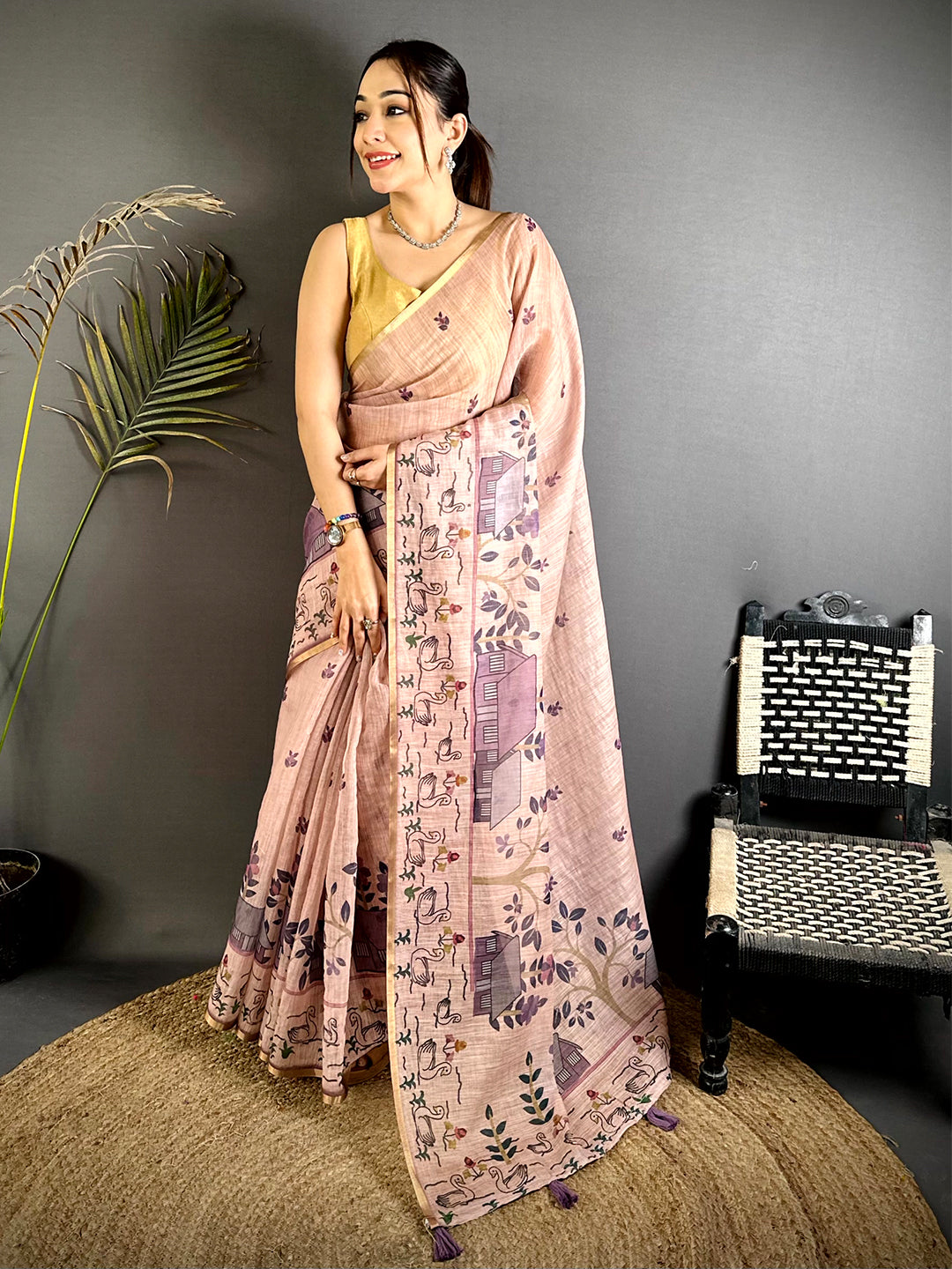 Pink Kalamkari Madhubani Print Saree