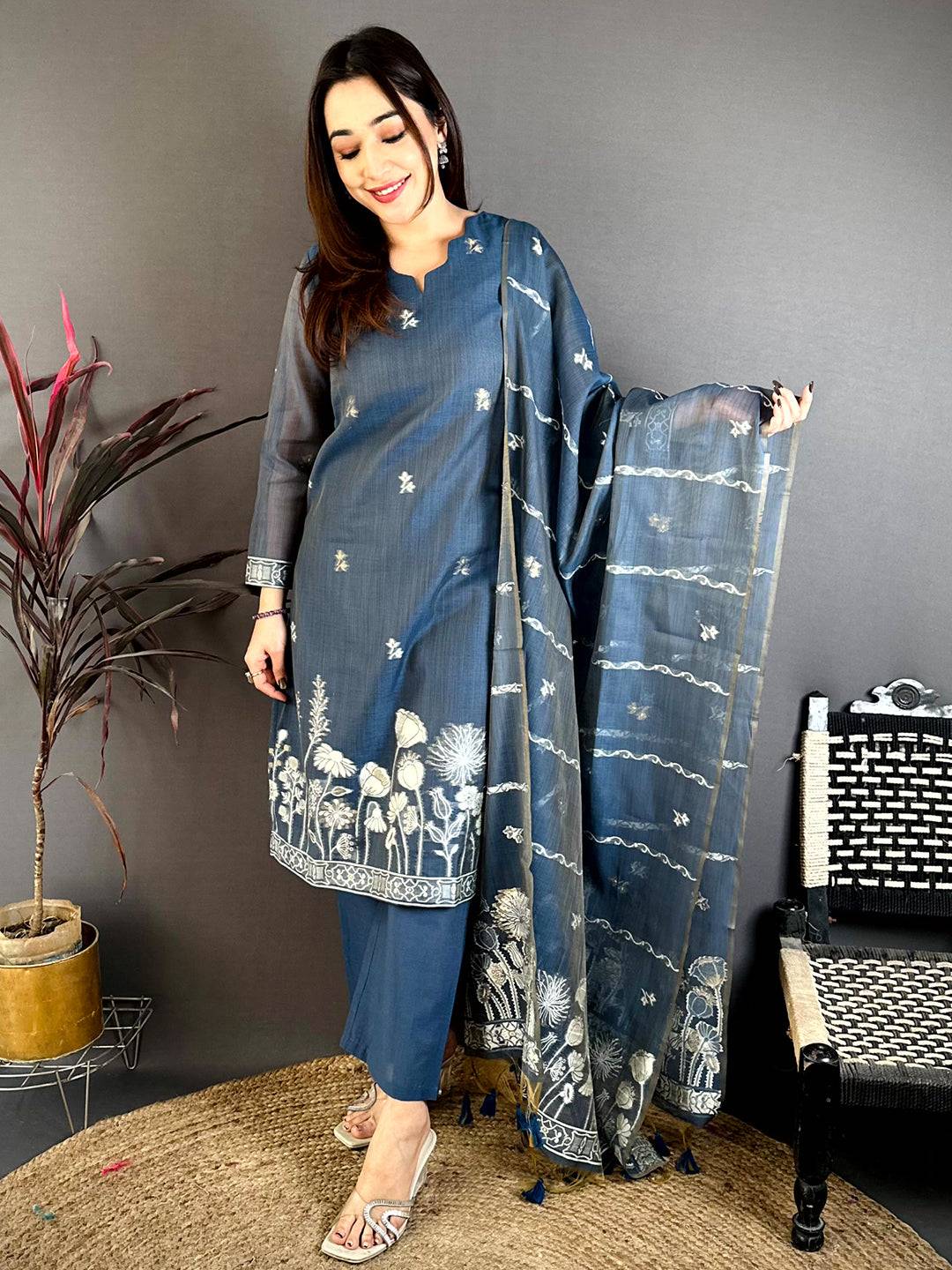 Regal Navy Floral Woven Dress
