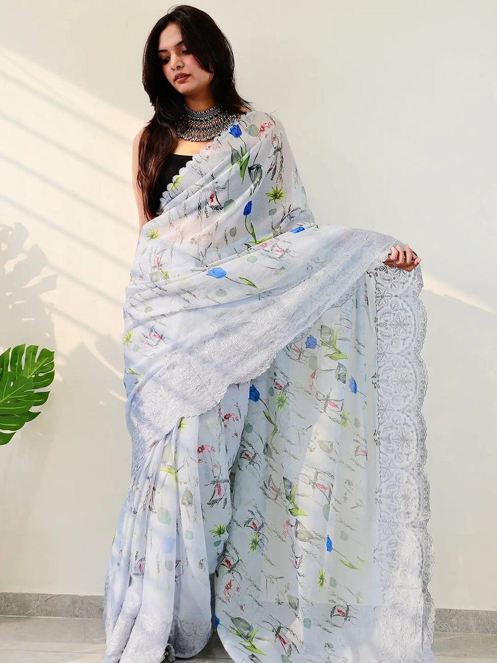 Soft chiffon satin saree with floral print and embroidered border
