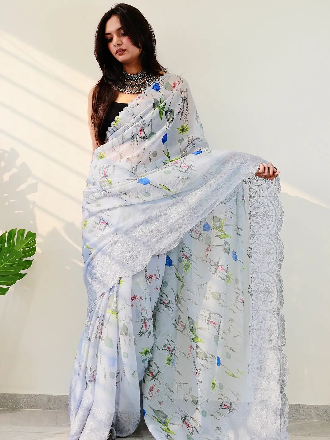 Soft chiffon satin saree with floral print and embroidered border