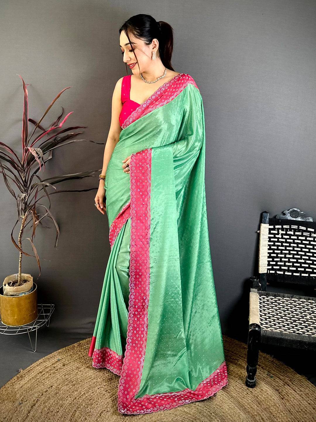 Green Poly Chiffon Diamond Stone Work Saree
