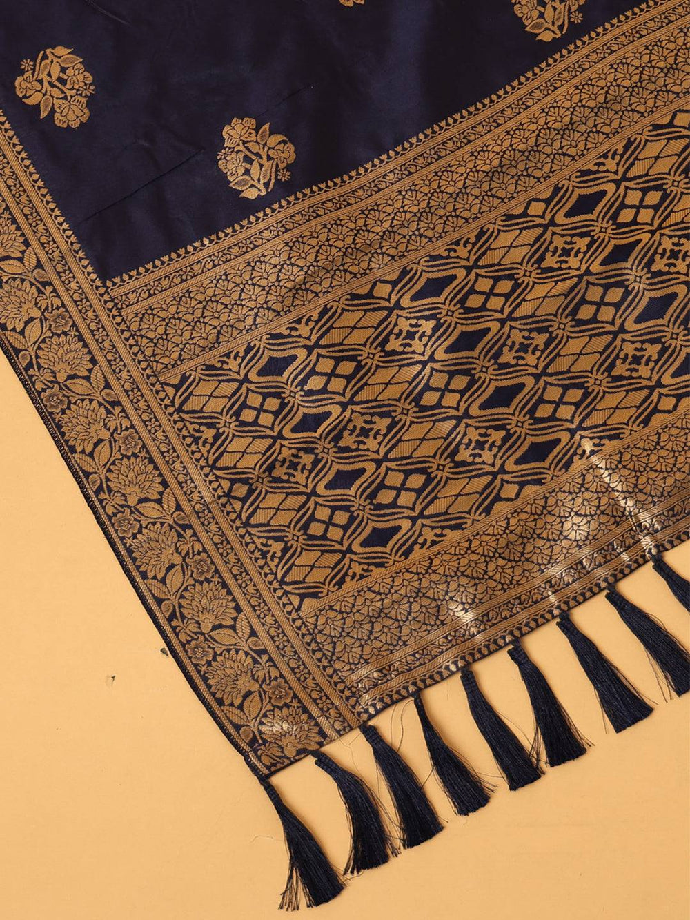 Close-up of navy silk blend dupatta with intricate border