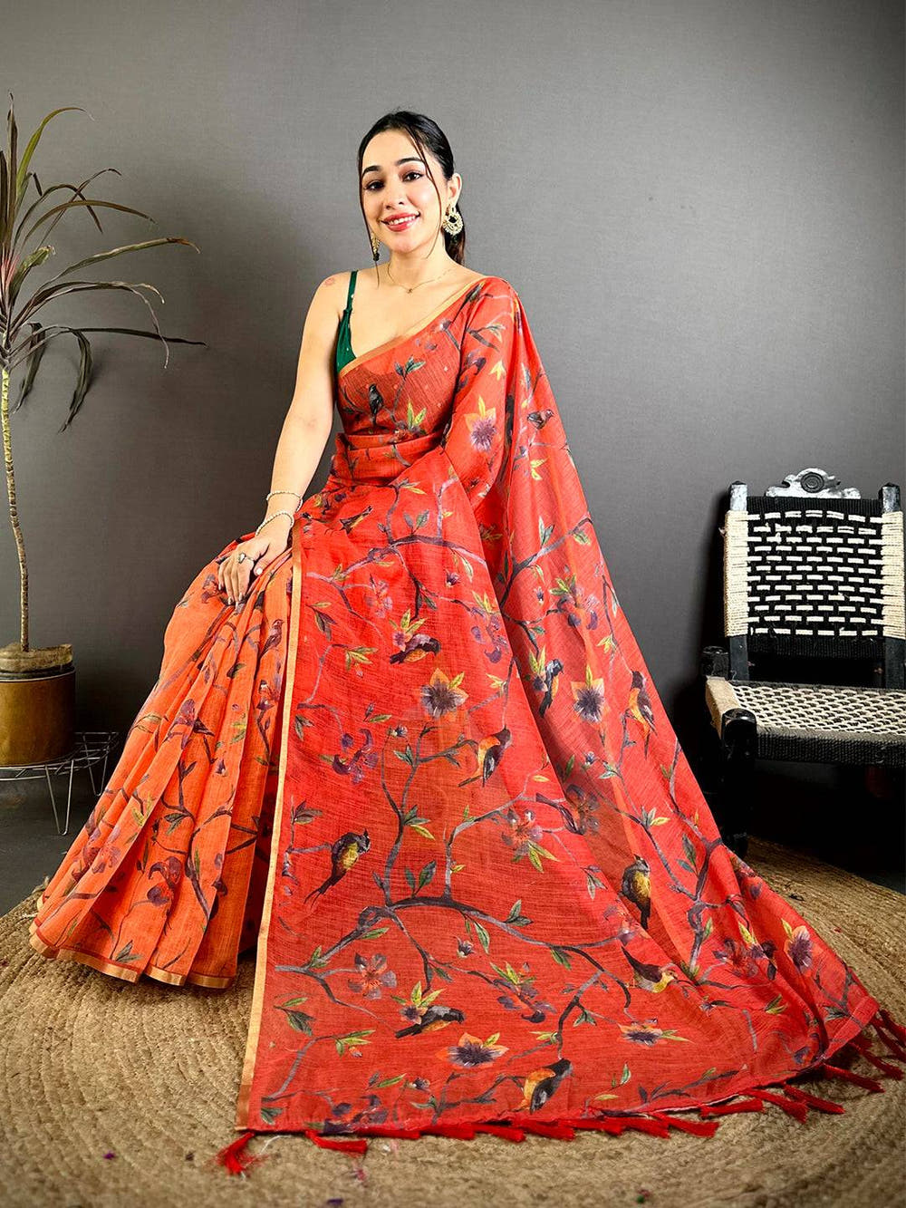 Designer Linen Chanderi Digital Bird Saree